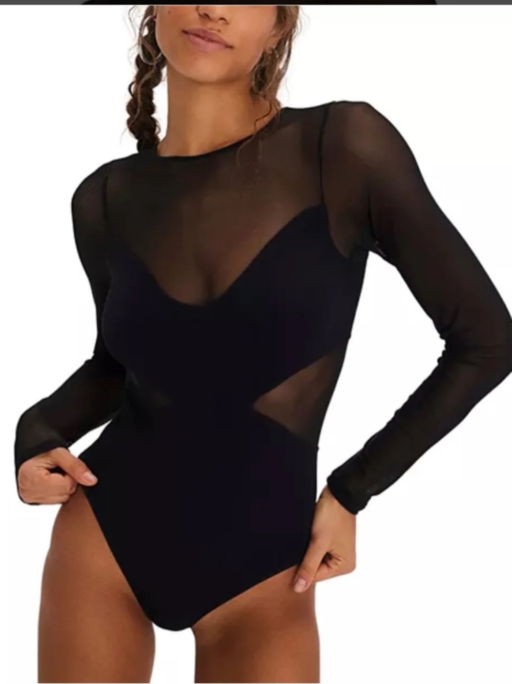 Free People An Illusion Black Sheer Long Sleeve Bodysuit